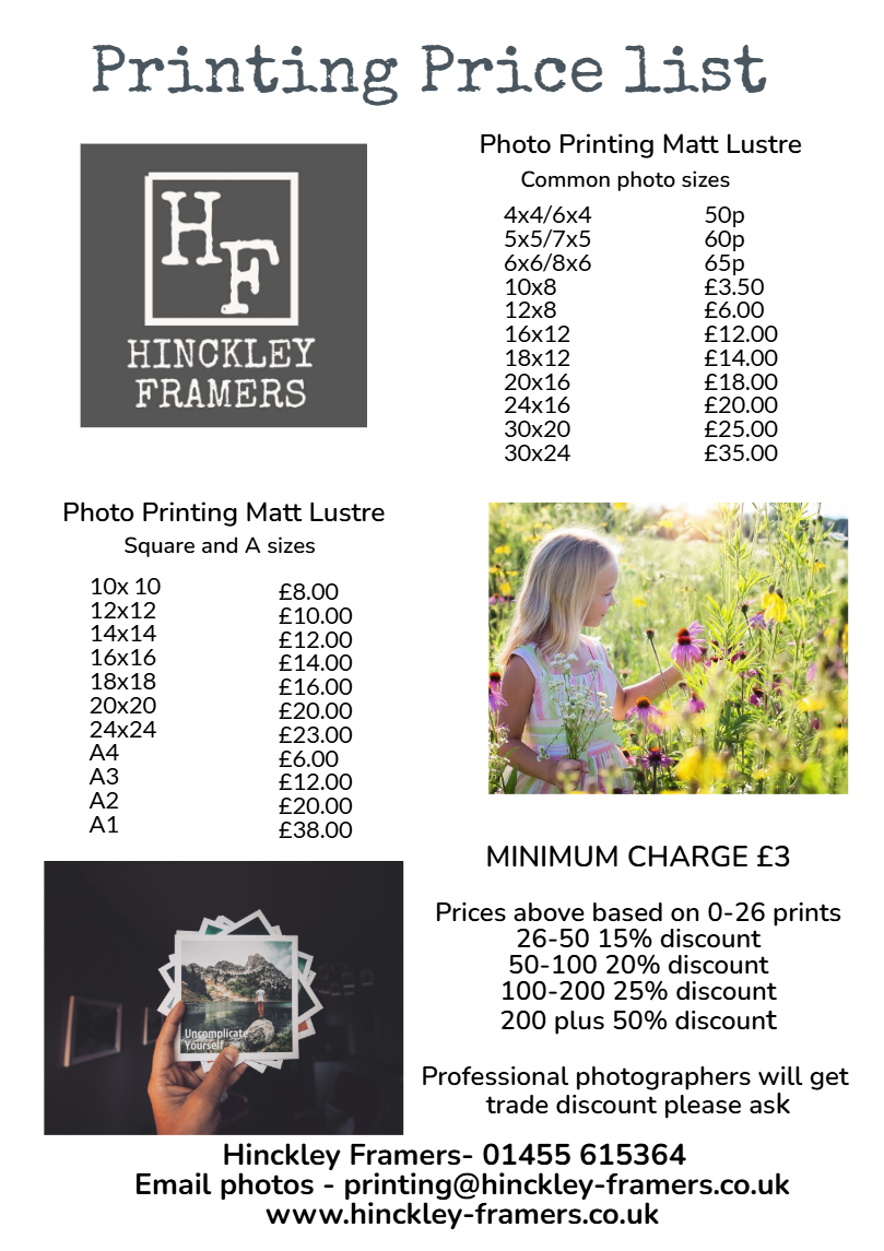 Printing and Mounting Price list :: Hinckley-Framers